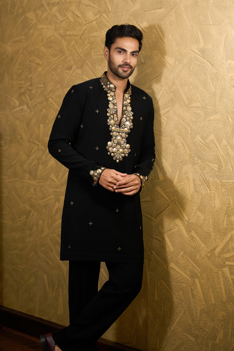 Black Kurta with Embellished Placket