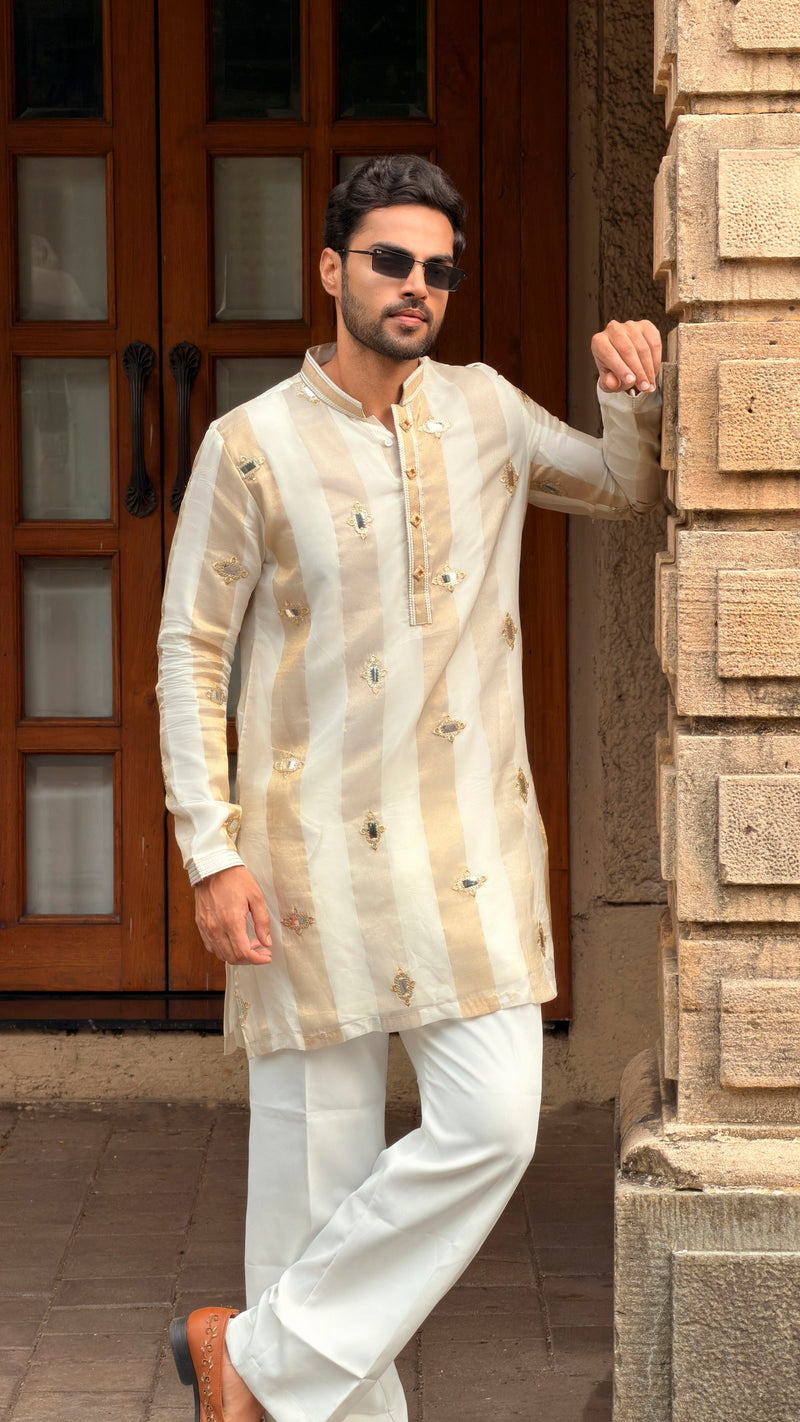 Off White Kurta with Gold Stripes