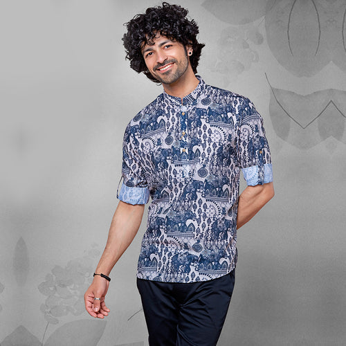 Silk Short Kurta with Blue and White Animal Abstract Combo