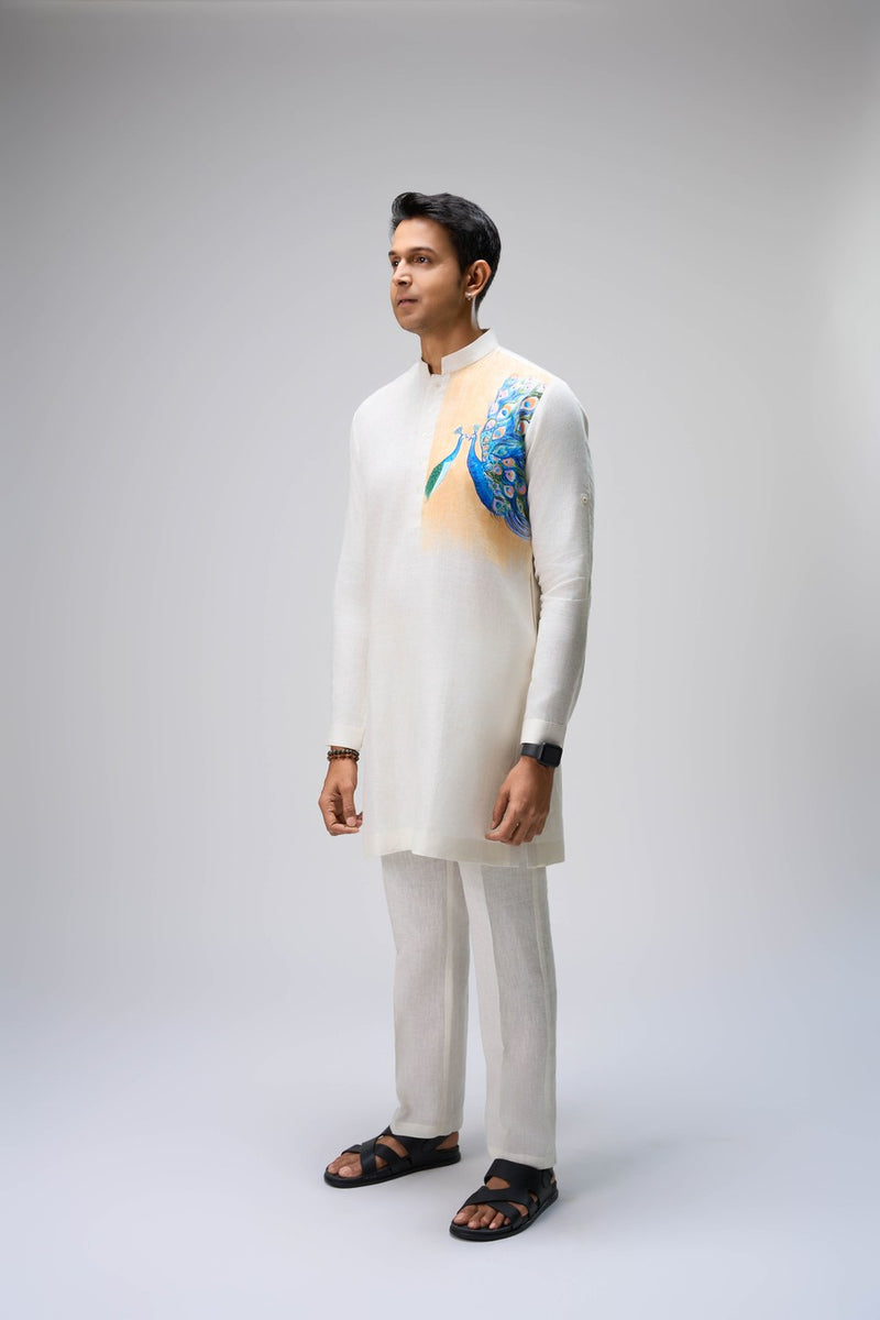 Cream Kurta Set with Peacock Print