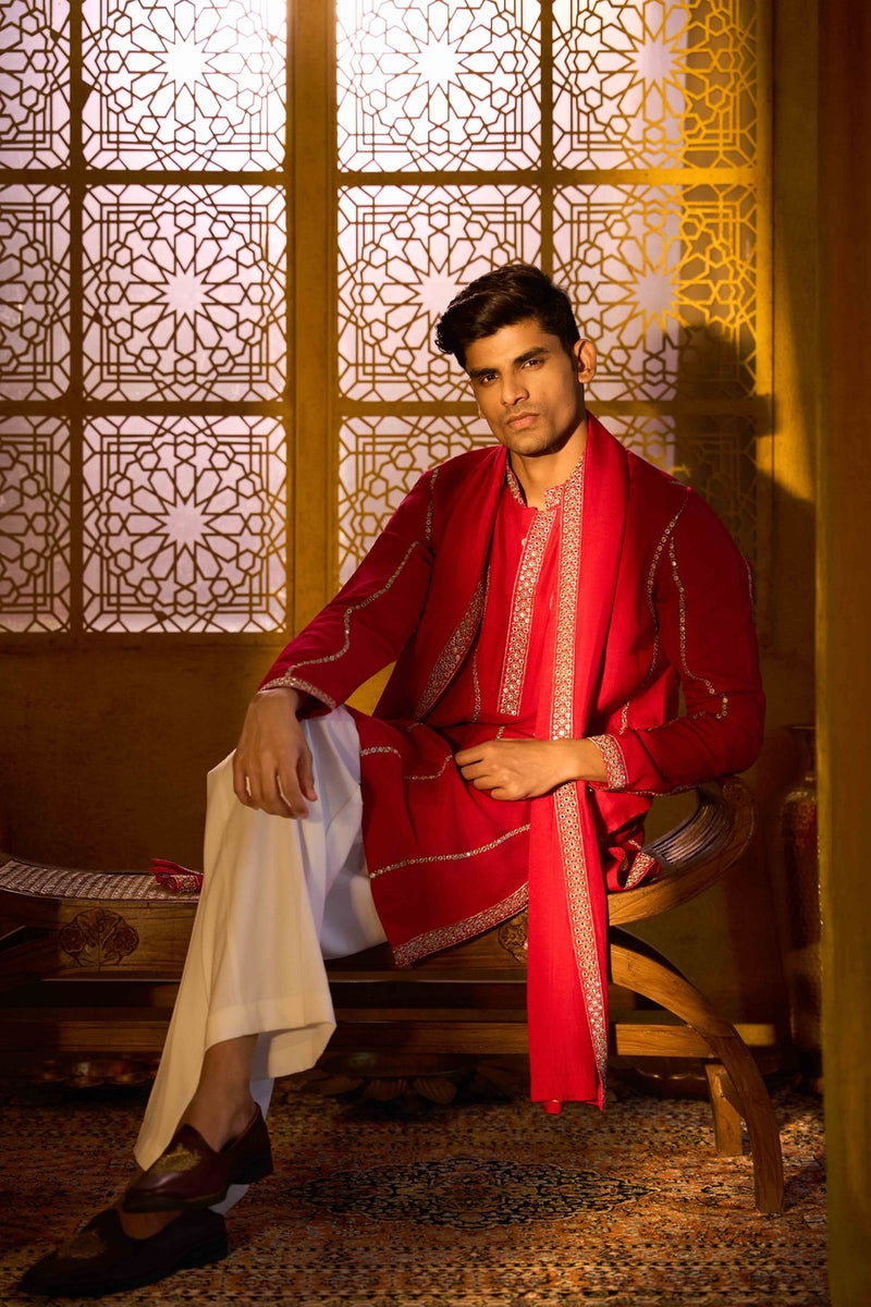 Red Kurta Set with Stole