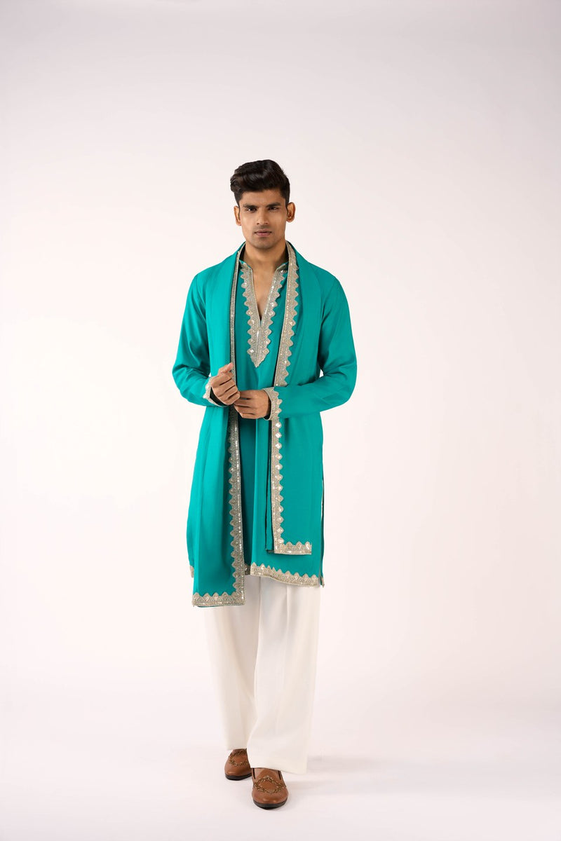 Green Kurta Set Embroidered Trim