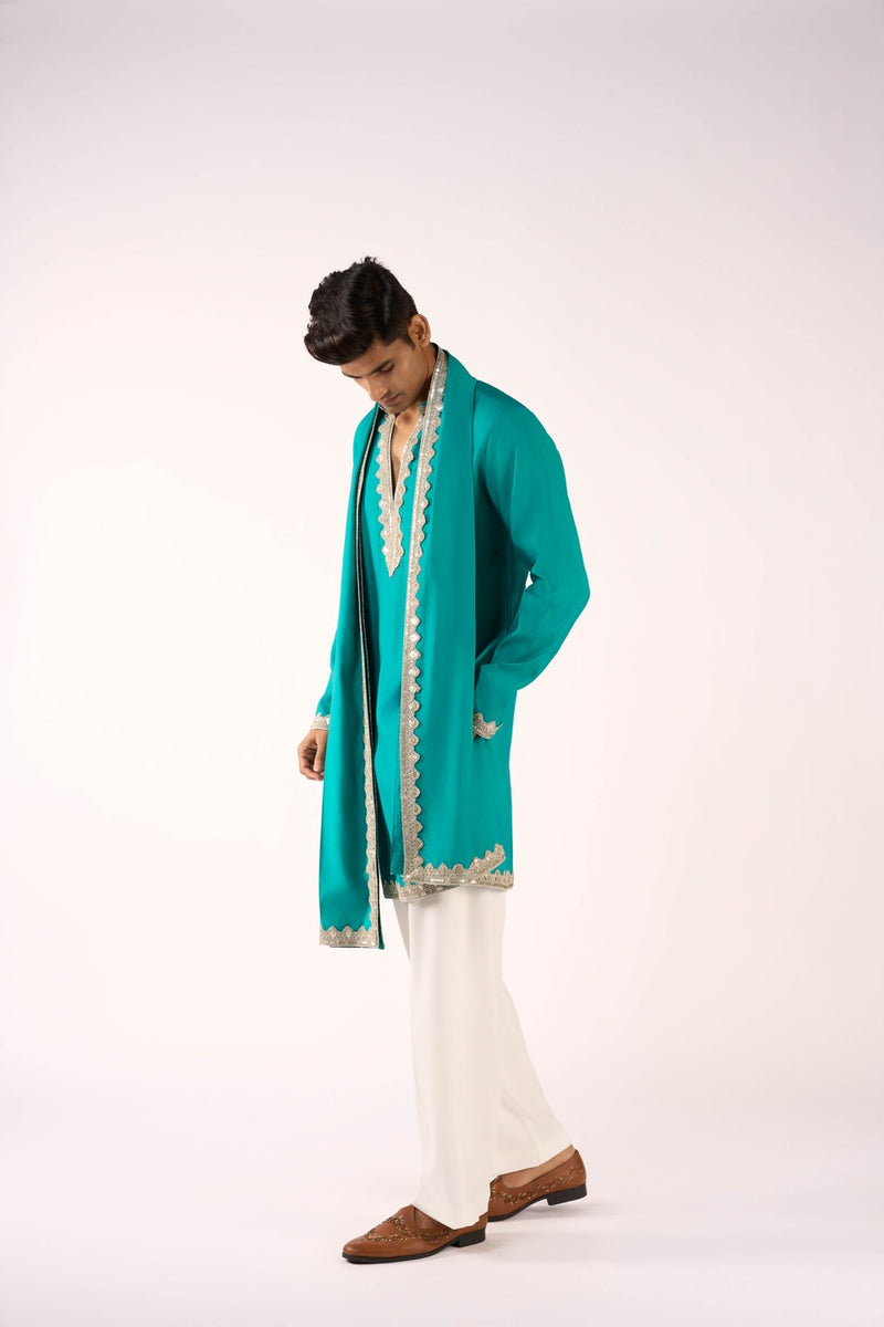 Green Kurta Set Embroidered Trim