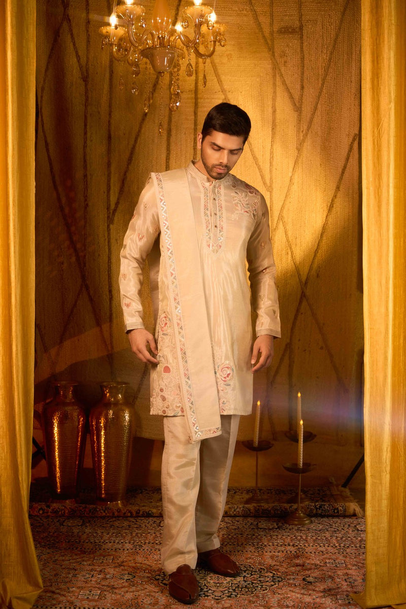 Beige Kurta Set Embroidered