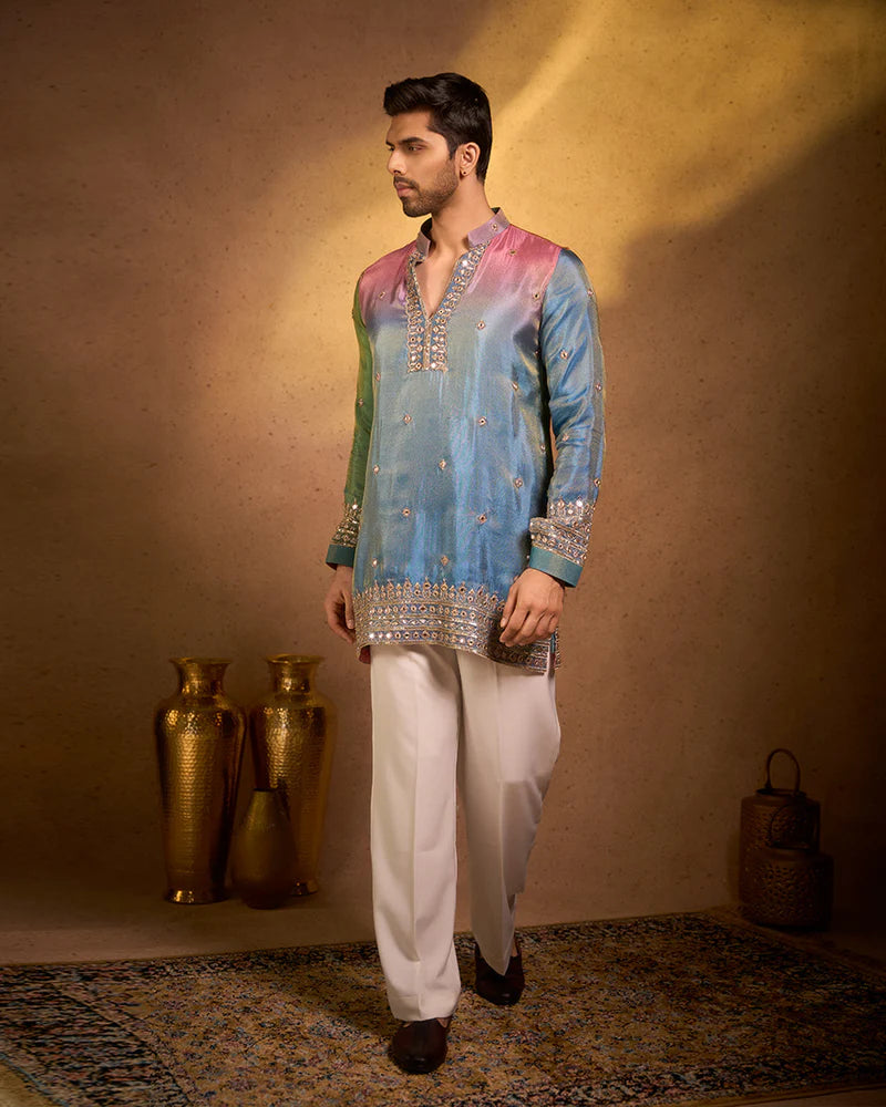 Blue & Pink Embroidered Kurta
