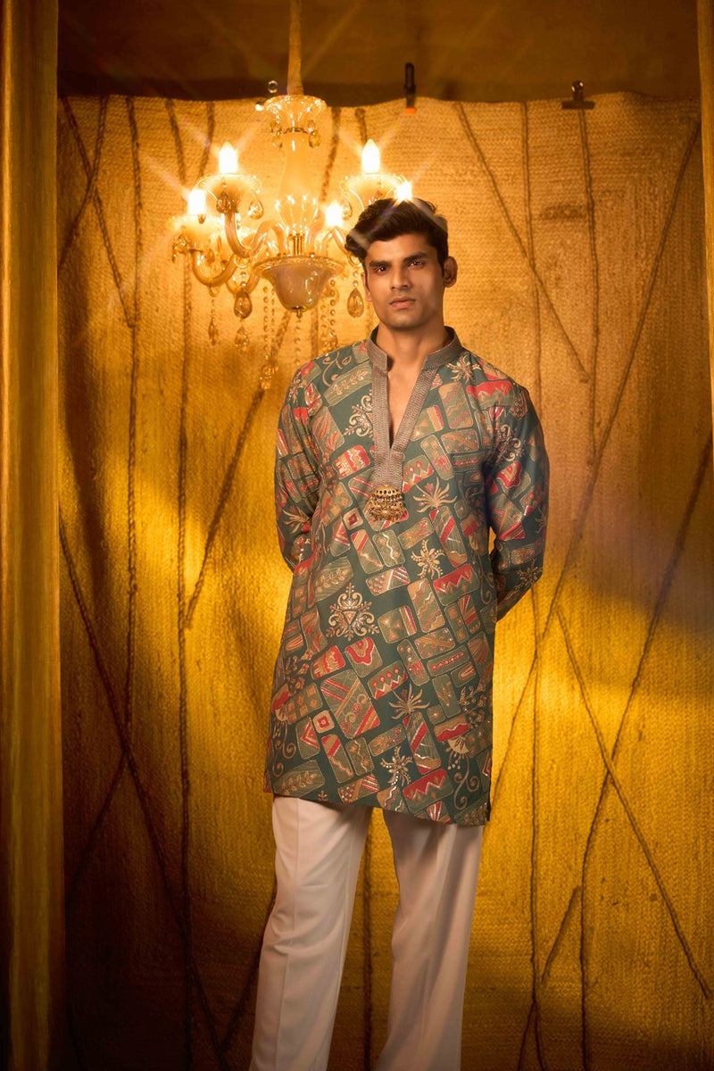 Green Kurta Printed Full Sleeves