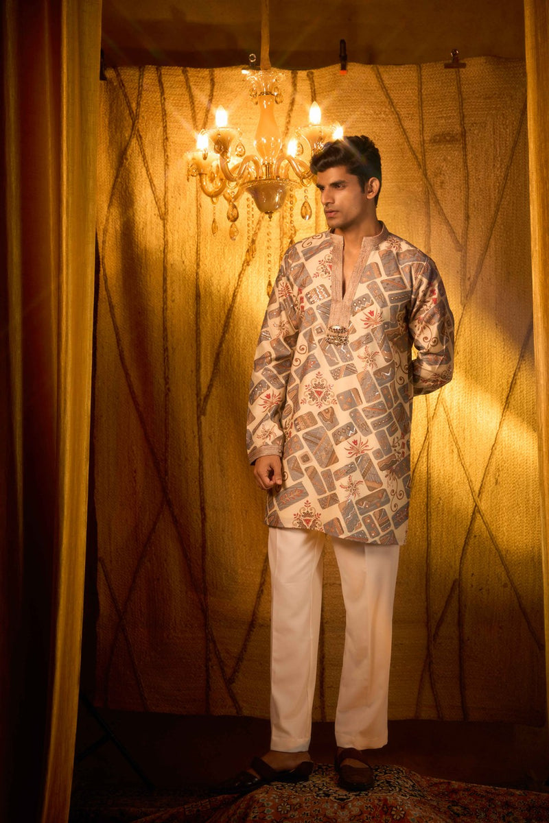 Beige Kurta Printed Long Sleeve