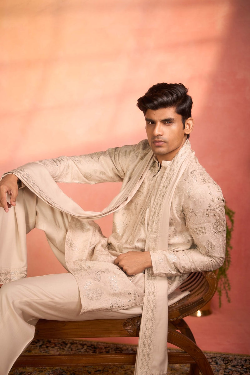 Cream Kurta Set Embroidered