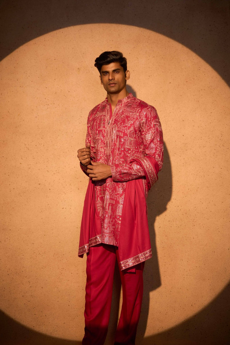 Red Kurta Set Printed Long Sleeve