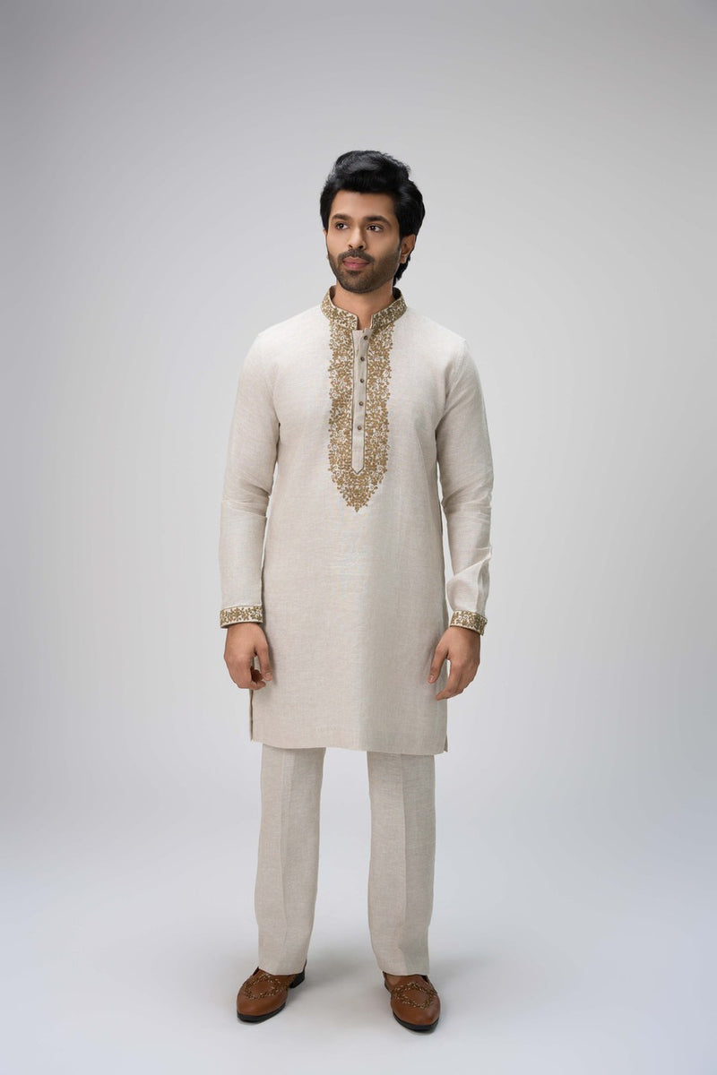 Beige Kurta Set with Embroidery