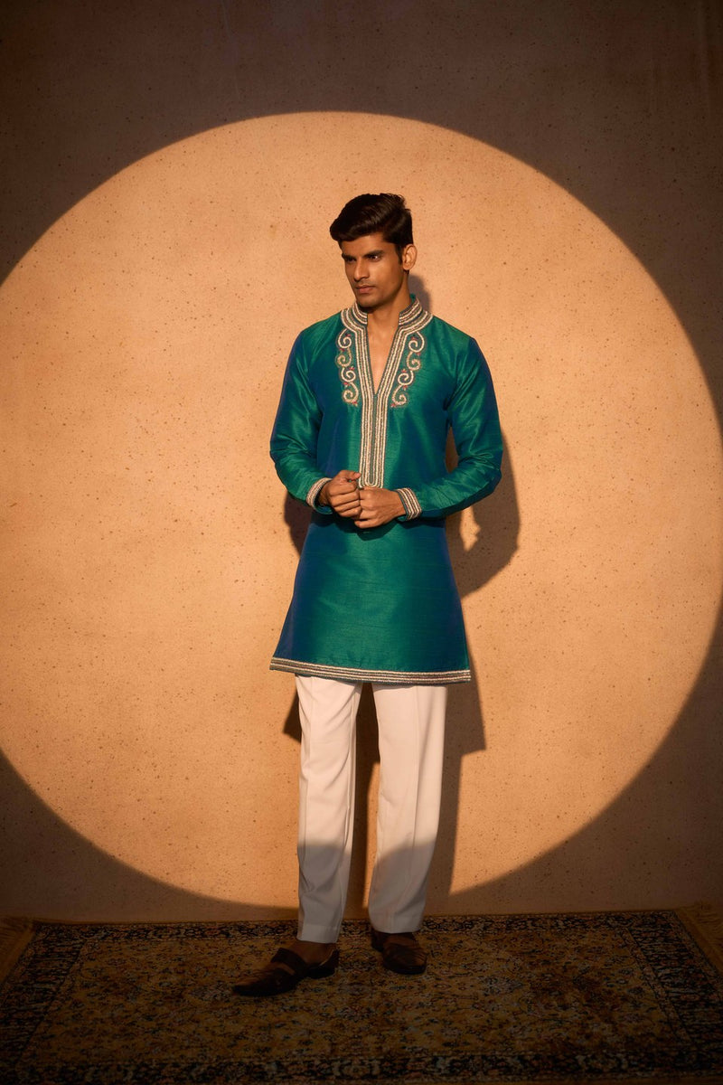 Teal Kurta Embroidered Neck