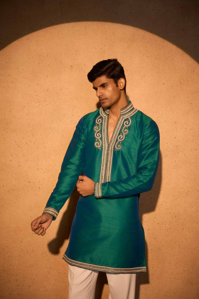 Teal Kurta Embroidered Neck