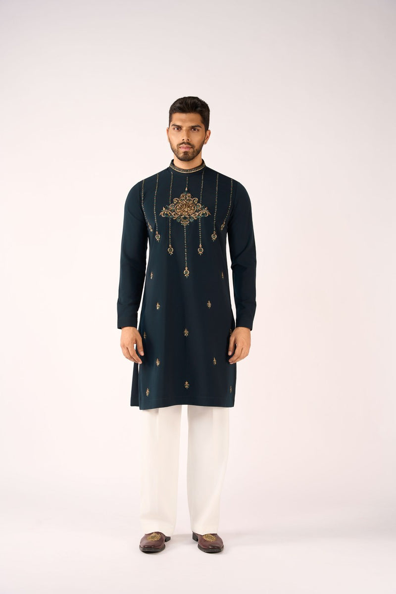 Dark Green Kurta Embroidered
