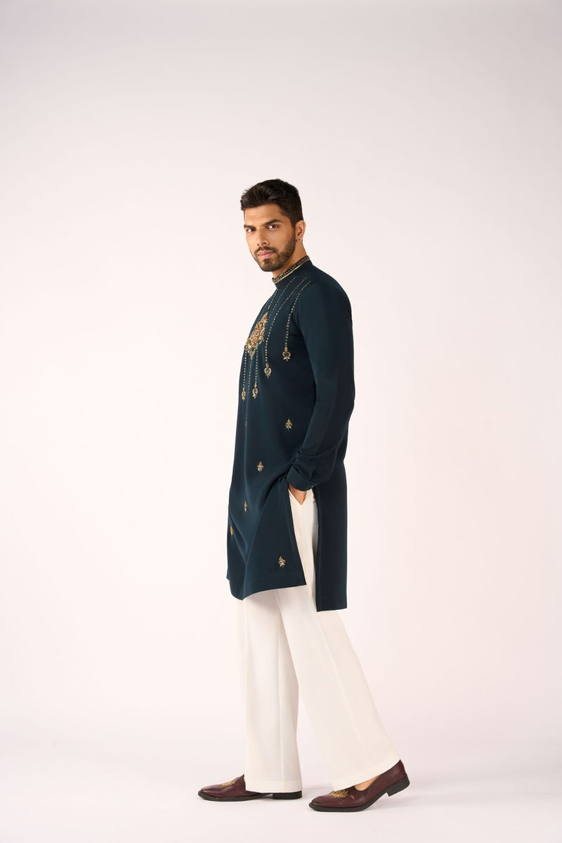 Dark Green Kurta Embroidered