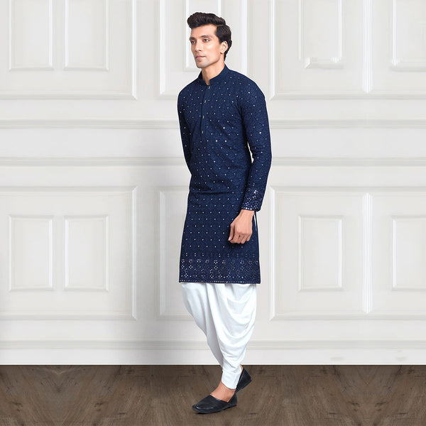 Navy Blue Printed Long Kurta for Men