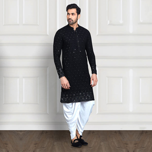 Nightfall Chic Black Spotted Long Kurta for Men