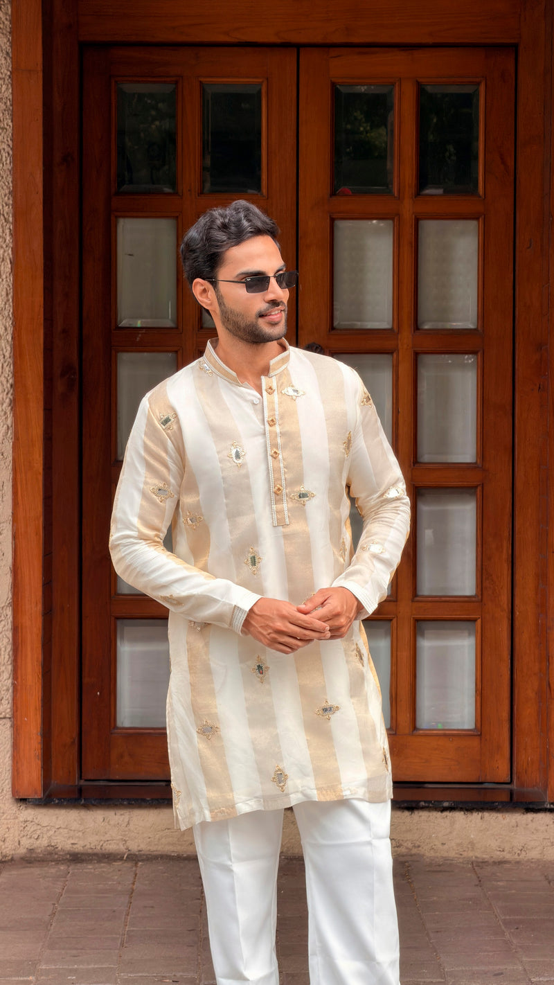 Off White Kurta with Gold Stripes