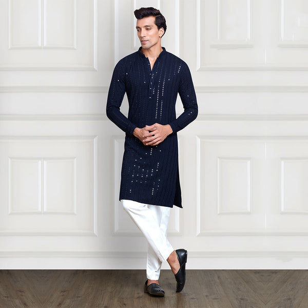 Sparkle Navy Blue Long Kurta for Men