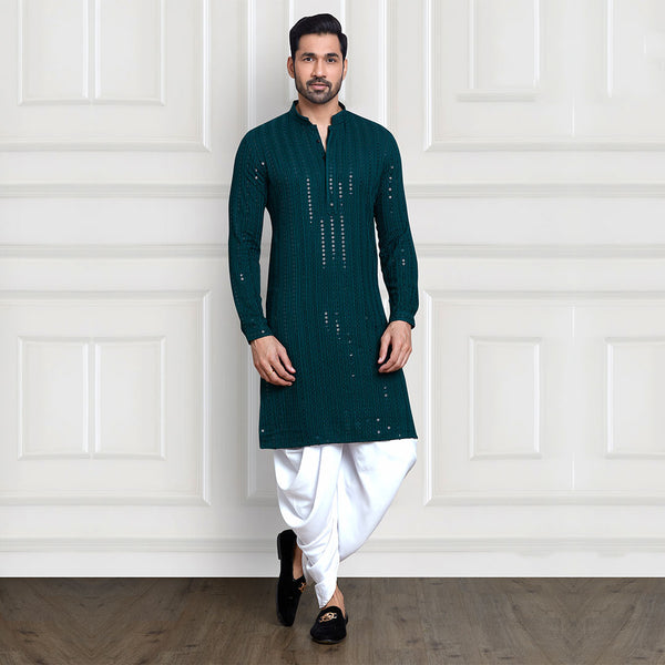 Elegance Embellished Green Long Kurta for Men