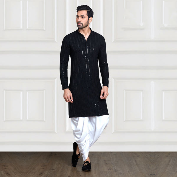 Starry Night Black Sparkle Long Kurta for Men