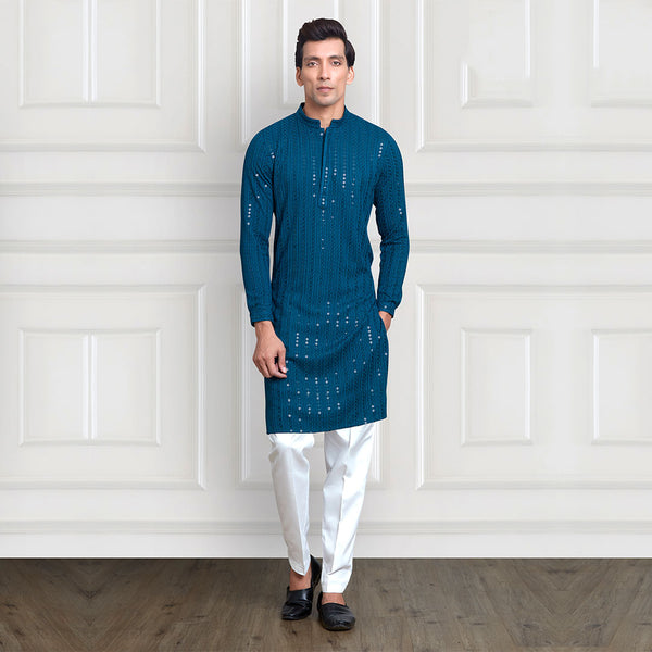 Navy Blue Lined Serenity Long Kurta for Men