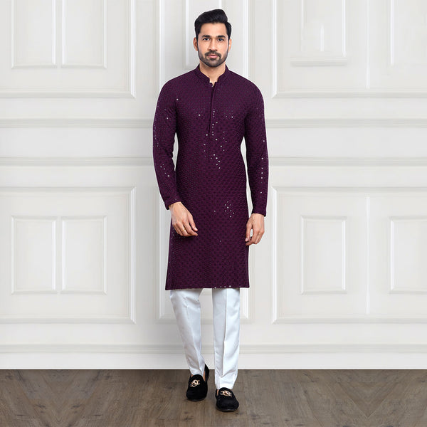 Amethyst Royal Sparkle Purple Long Printed Kurta for Men