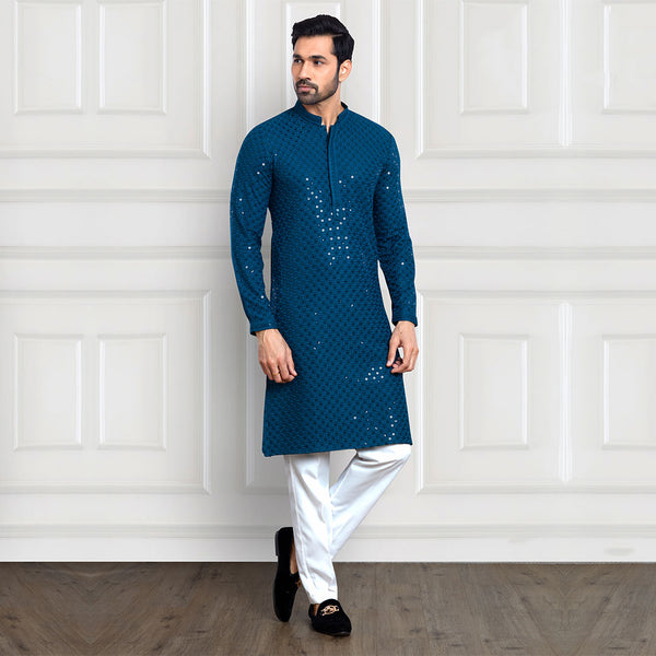 Starry Blue Sparkle Long Kurta for Men