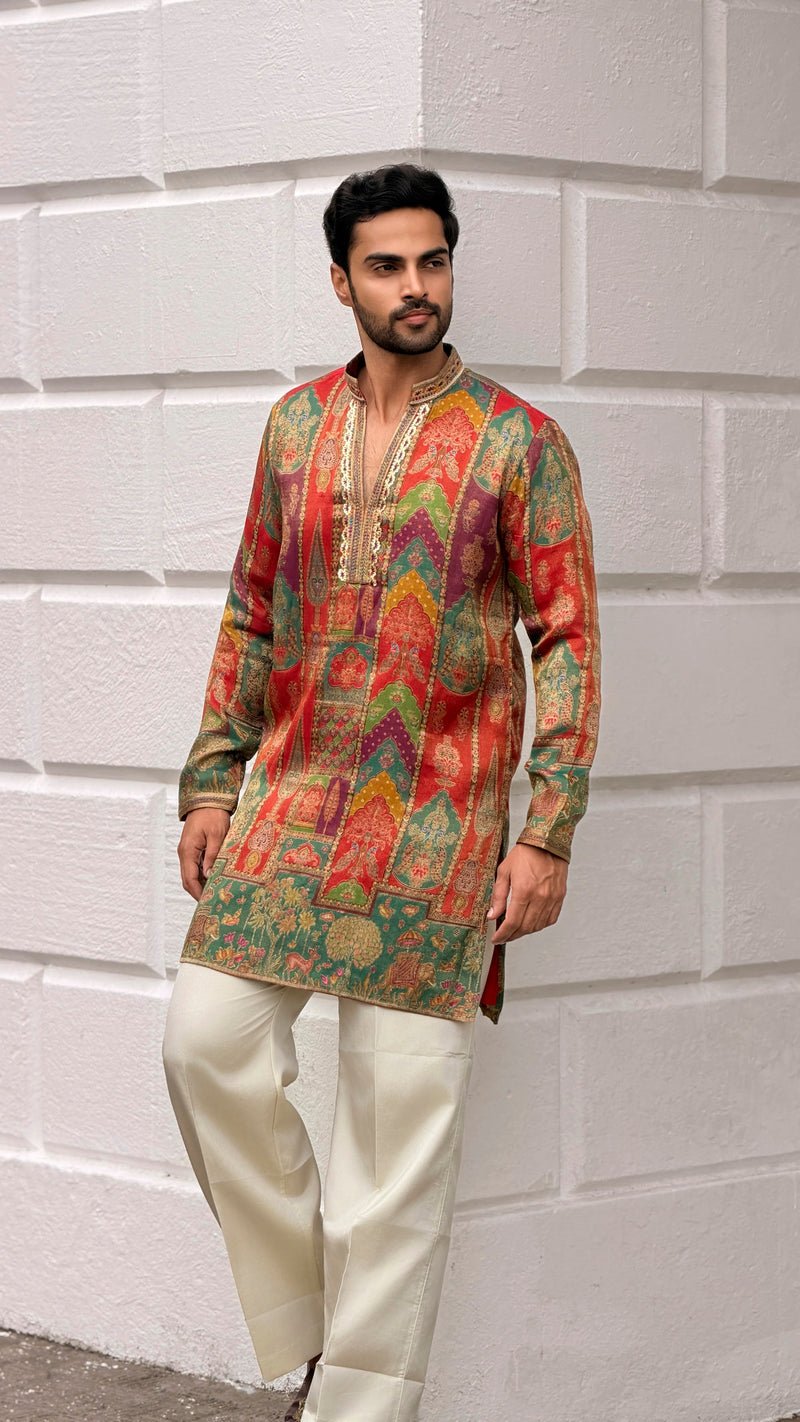 Red Kurta with Mughal Print