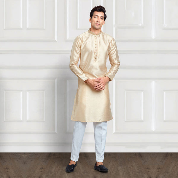 Ivory White and Gold Plain Kurta Set for Men