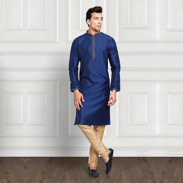 Sapphire Blue Kurta With Golden Pajama Set