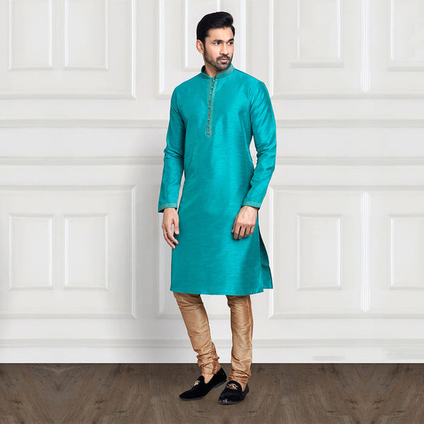 Elegant Sea Green and Gold Long Kurta Set for Men