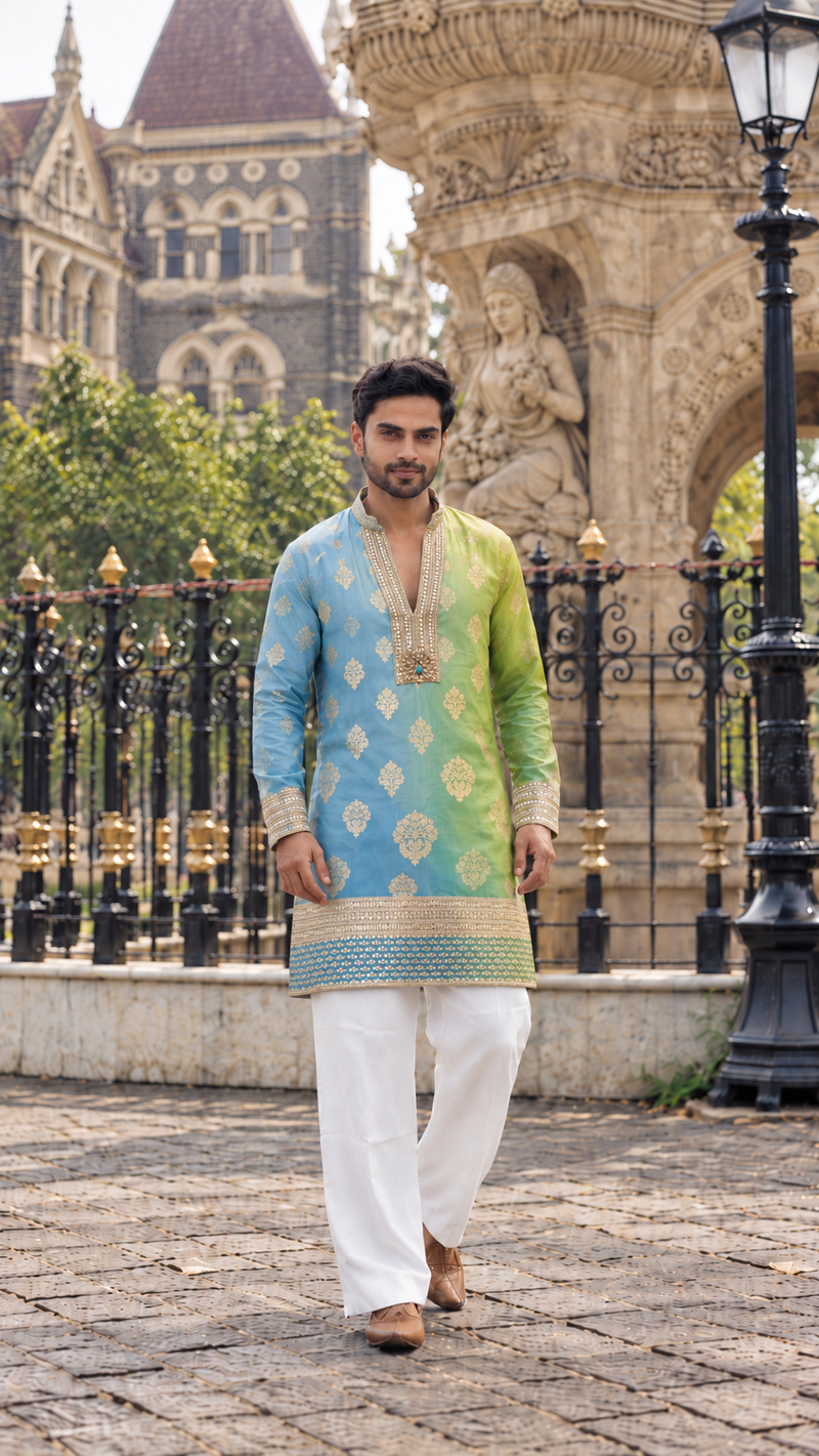 Blue and Lime Green Ombre Kurta with Gold Embroidery