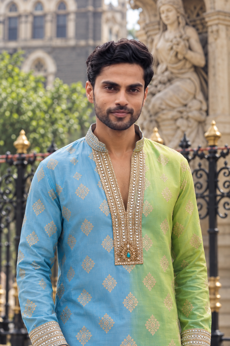 Blue and Lime Green Ombre Kurta with Gold Embroidery