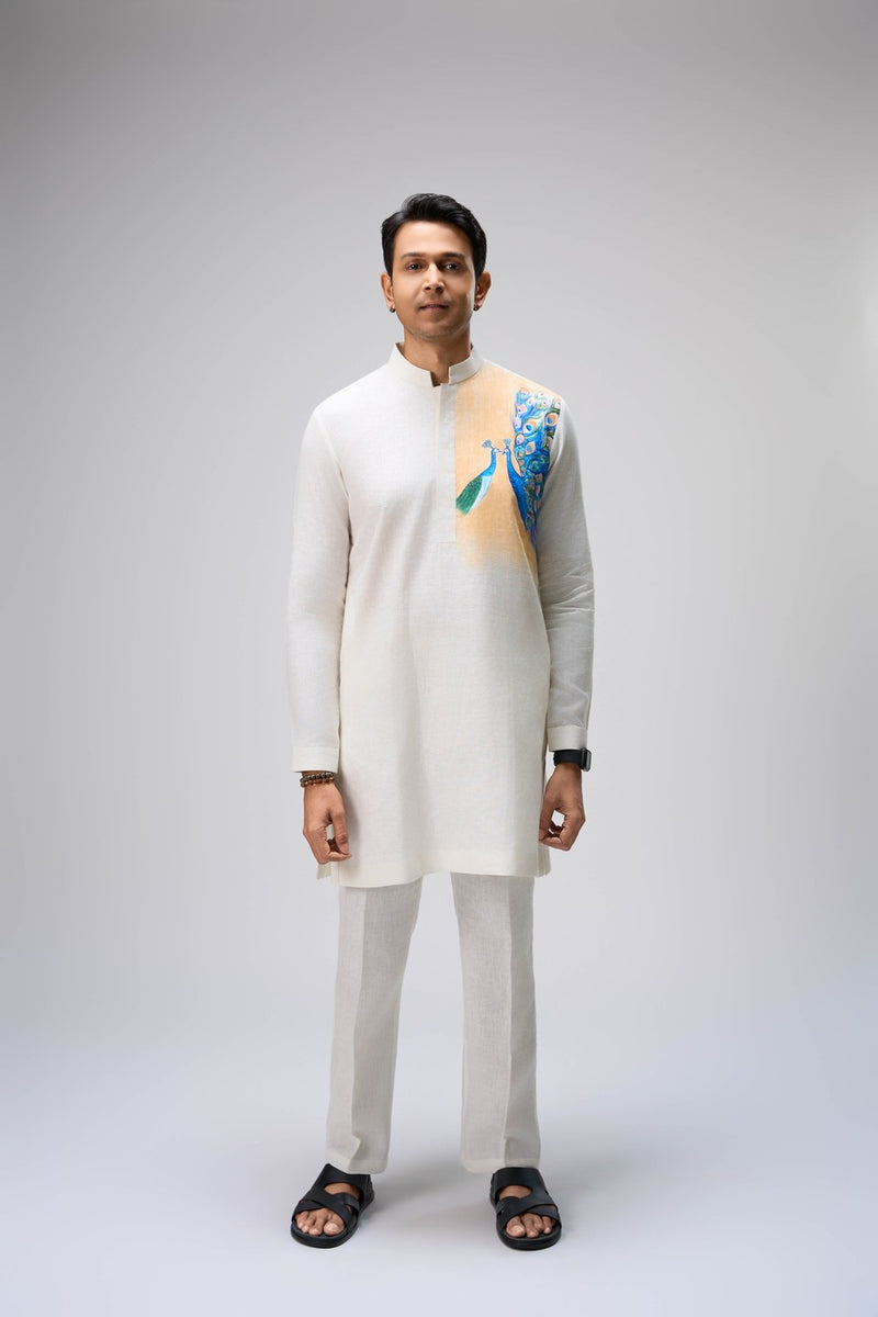 Cream Kurta Set with Peacock Print