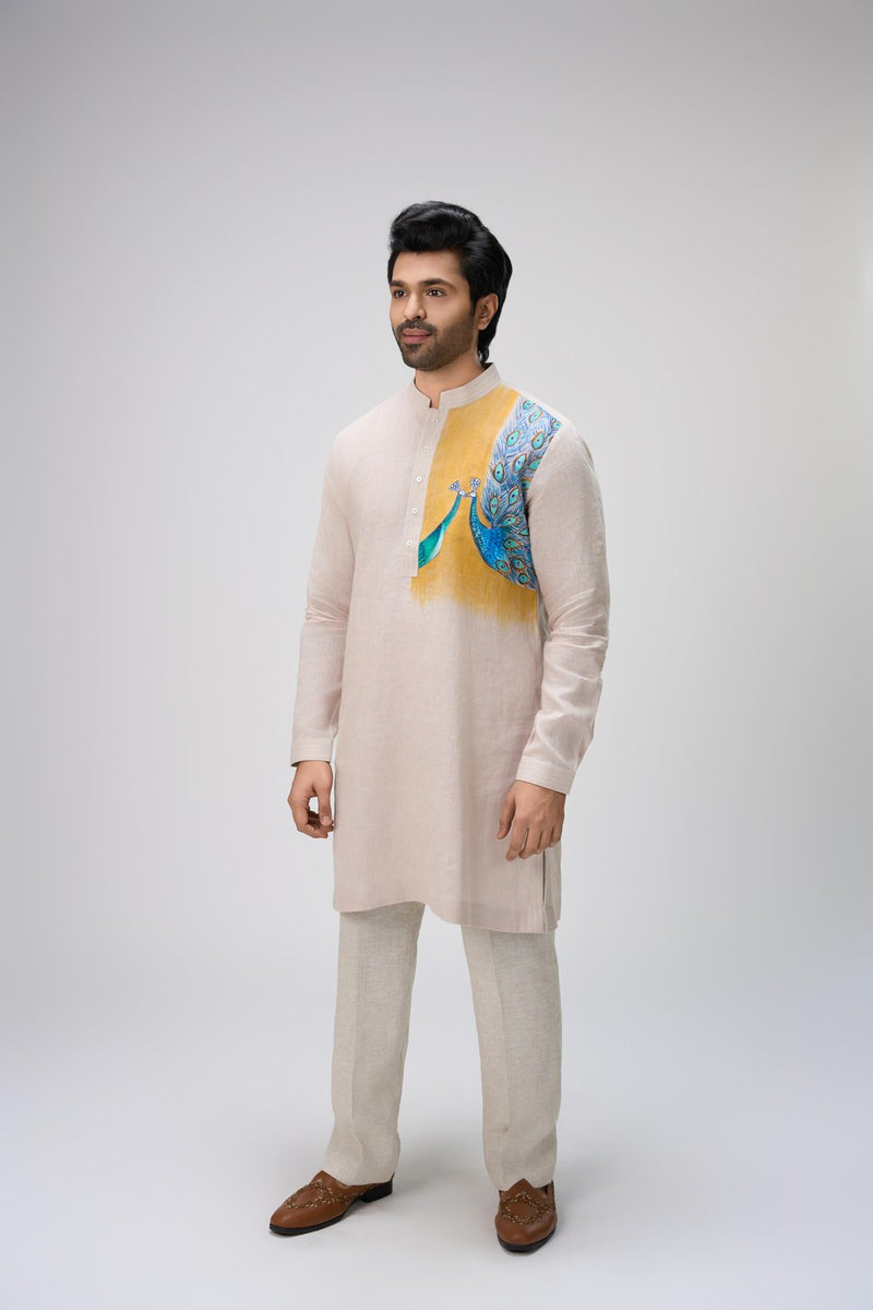 Beige Kurta Set with Peacock Embroidery