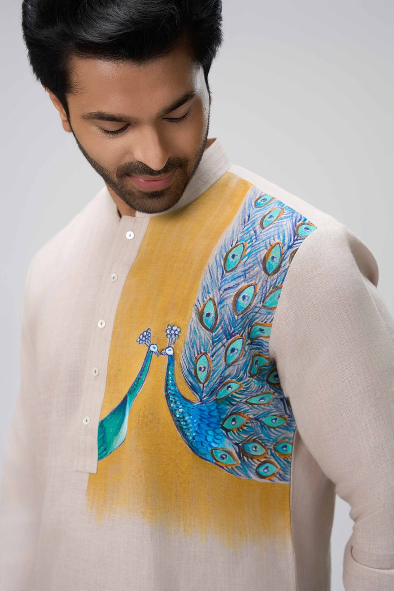 Beige Kurta Set with Peacock Embroidery