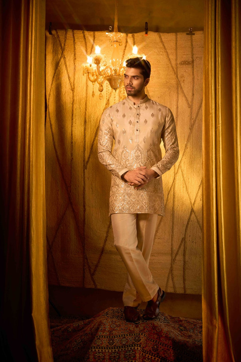 Beige Kurta Set Embroidered