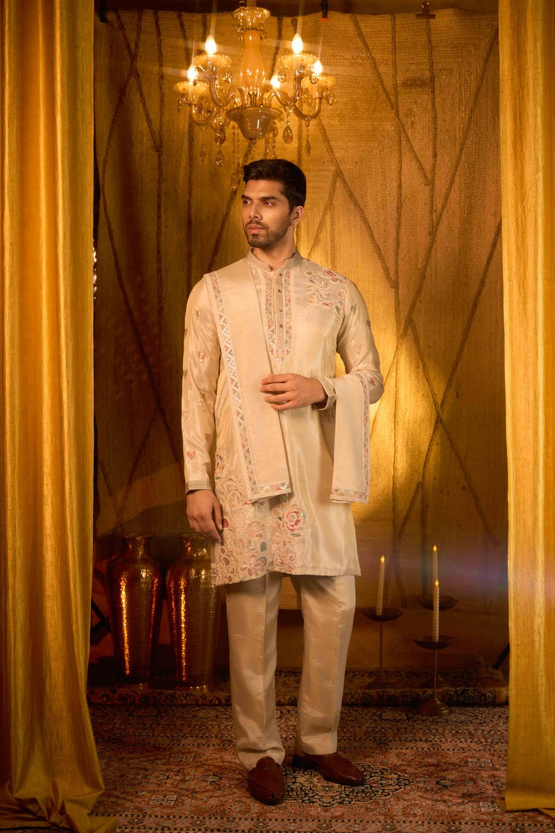 Beige Kurta Set Embroidered