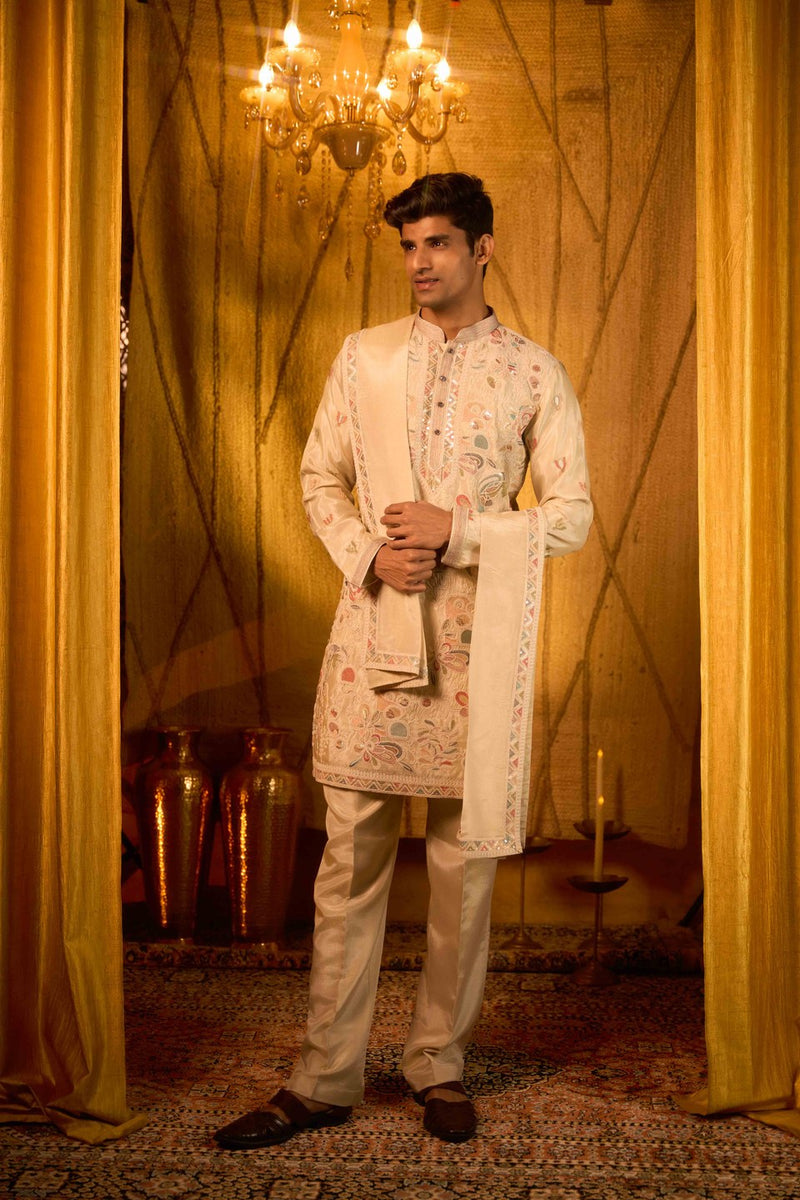 Beige Kurta Set Embroidered