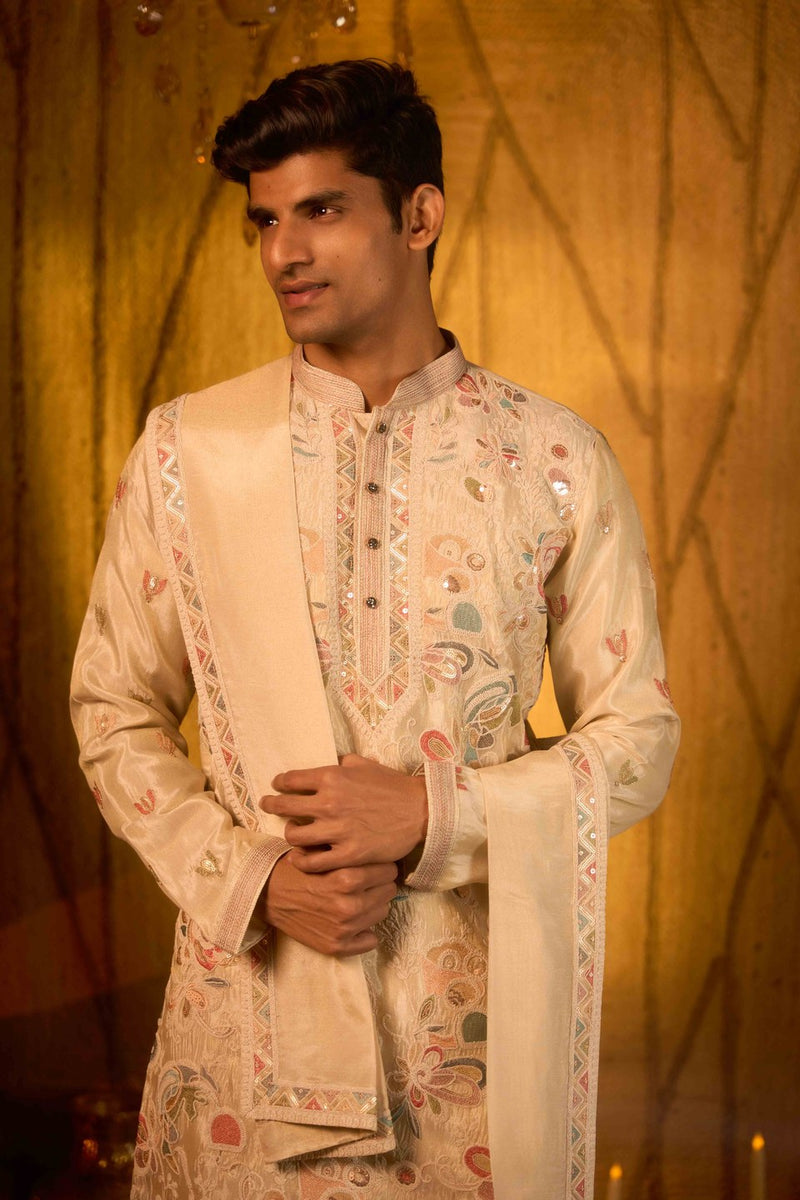 Beige Kurta Set Embroidered
