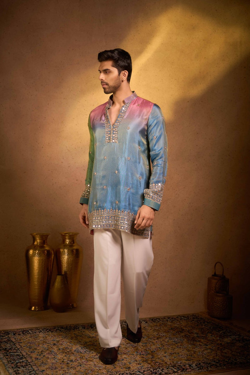 Blue Pink Kurta Embroidered
