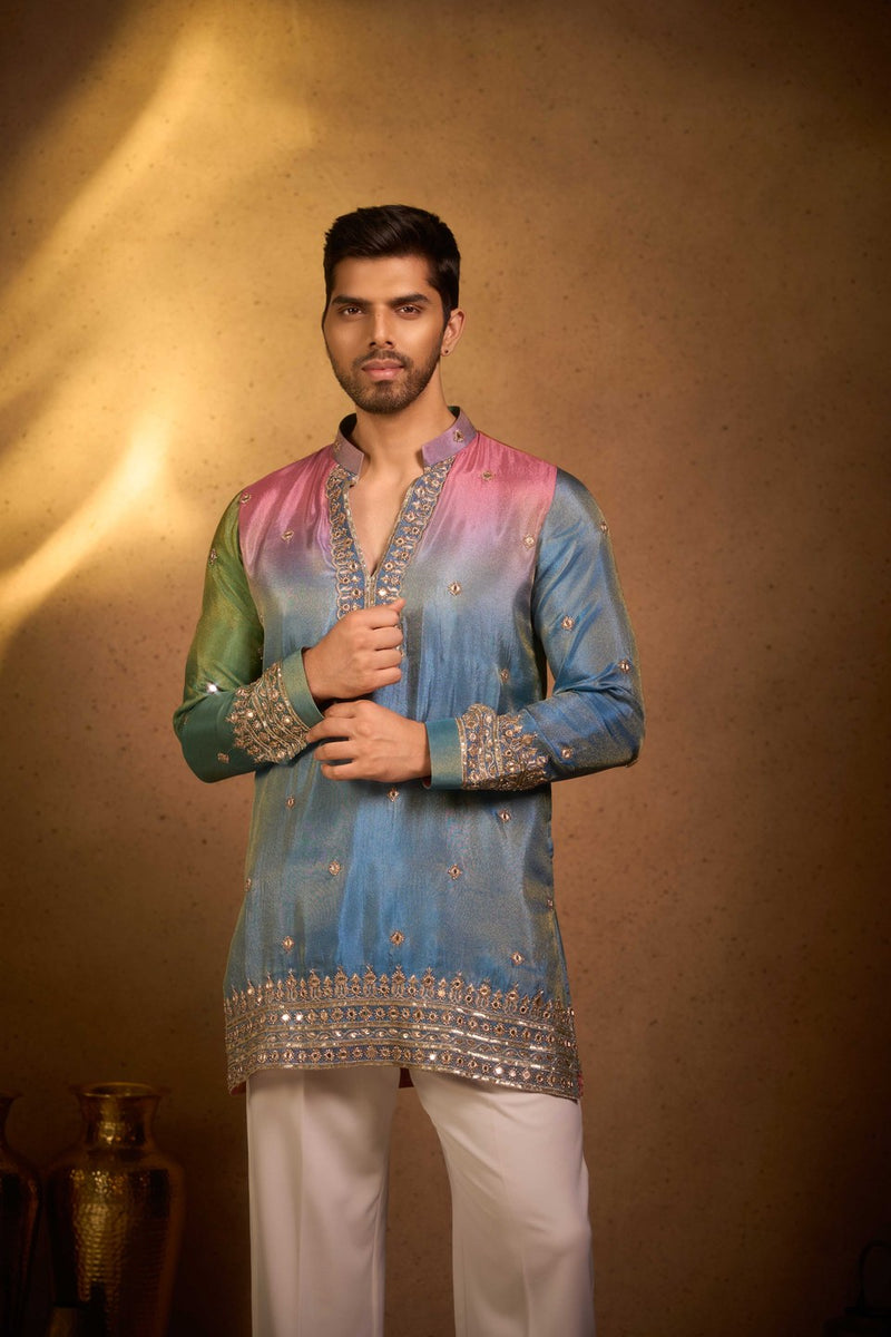 Blue Pink Kurta Embroidered