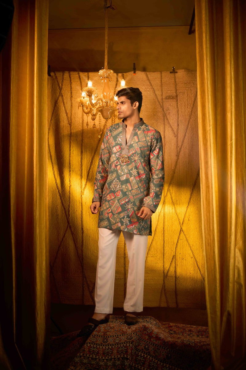 Green Kurta Printed Full Sleeves