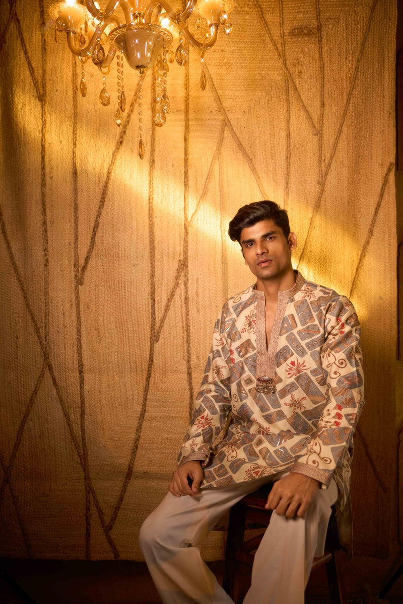Beige Kurta Printed Long Sleeve