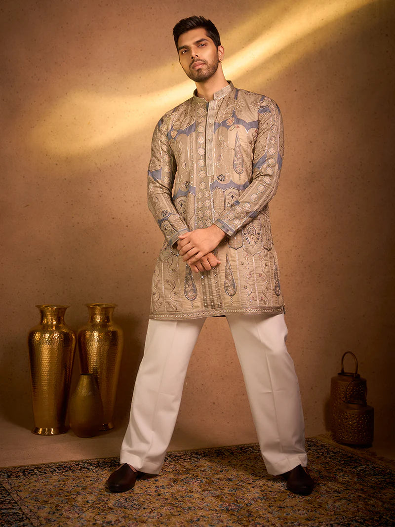 Beige & Blue Embroidered Kurta